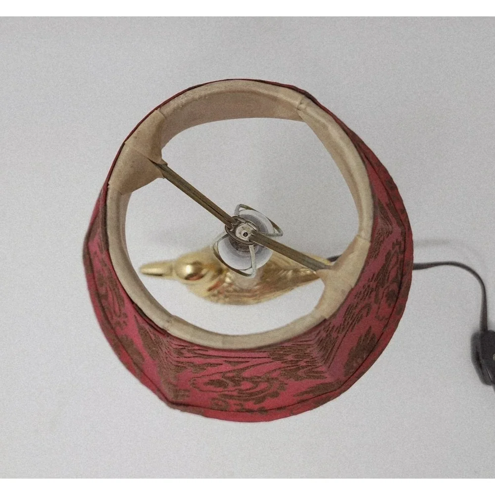 Vtg MCM Brass Duck Night Light Small Electric Table Lamp Floral Red Shade 10.5